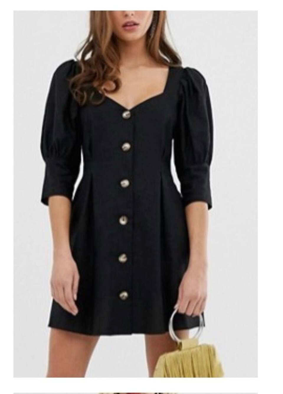 ASOS Design Linen Puff Sleeve Button Through Mini Dress in Black size 8 medium